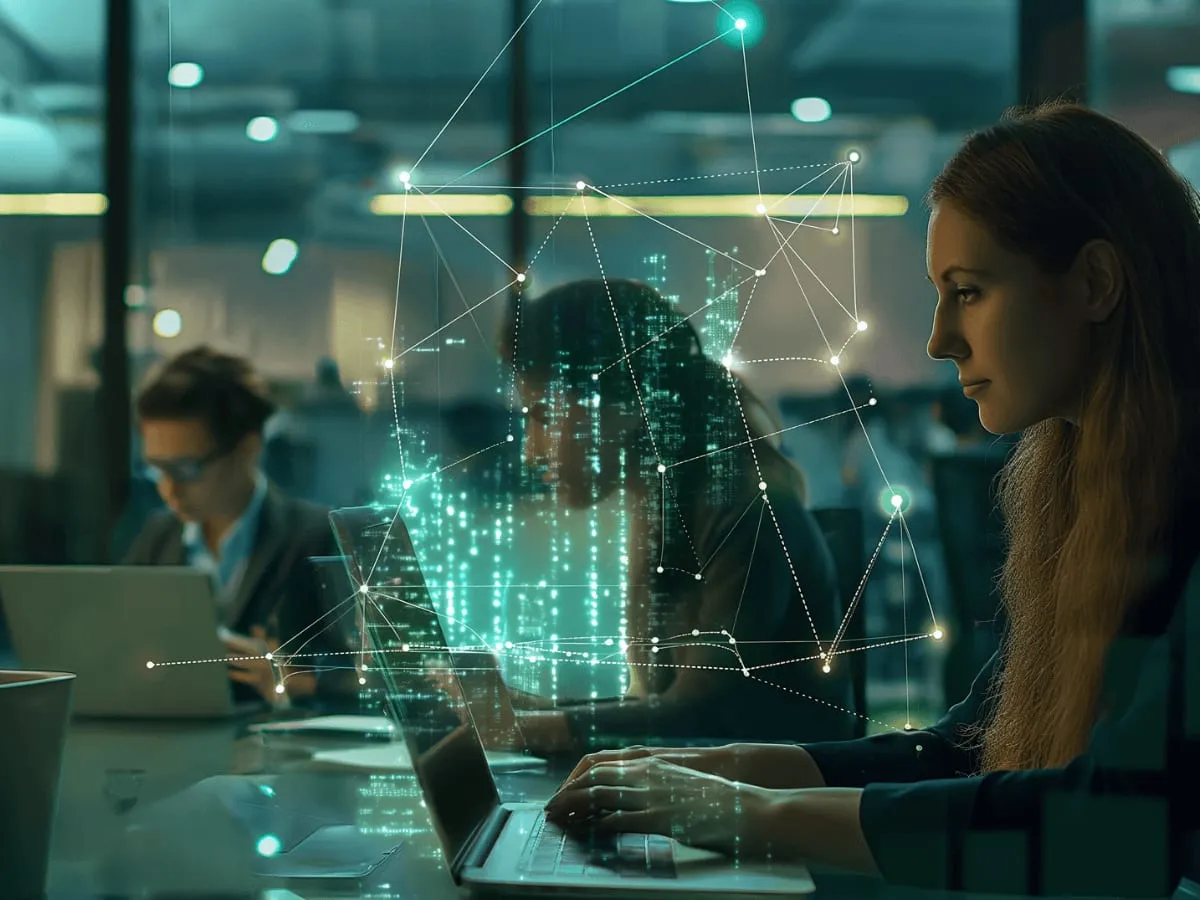 A woman at a laptop in a dark office with a network of glowing data points overlaid