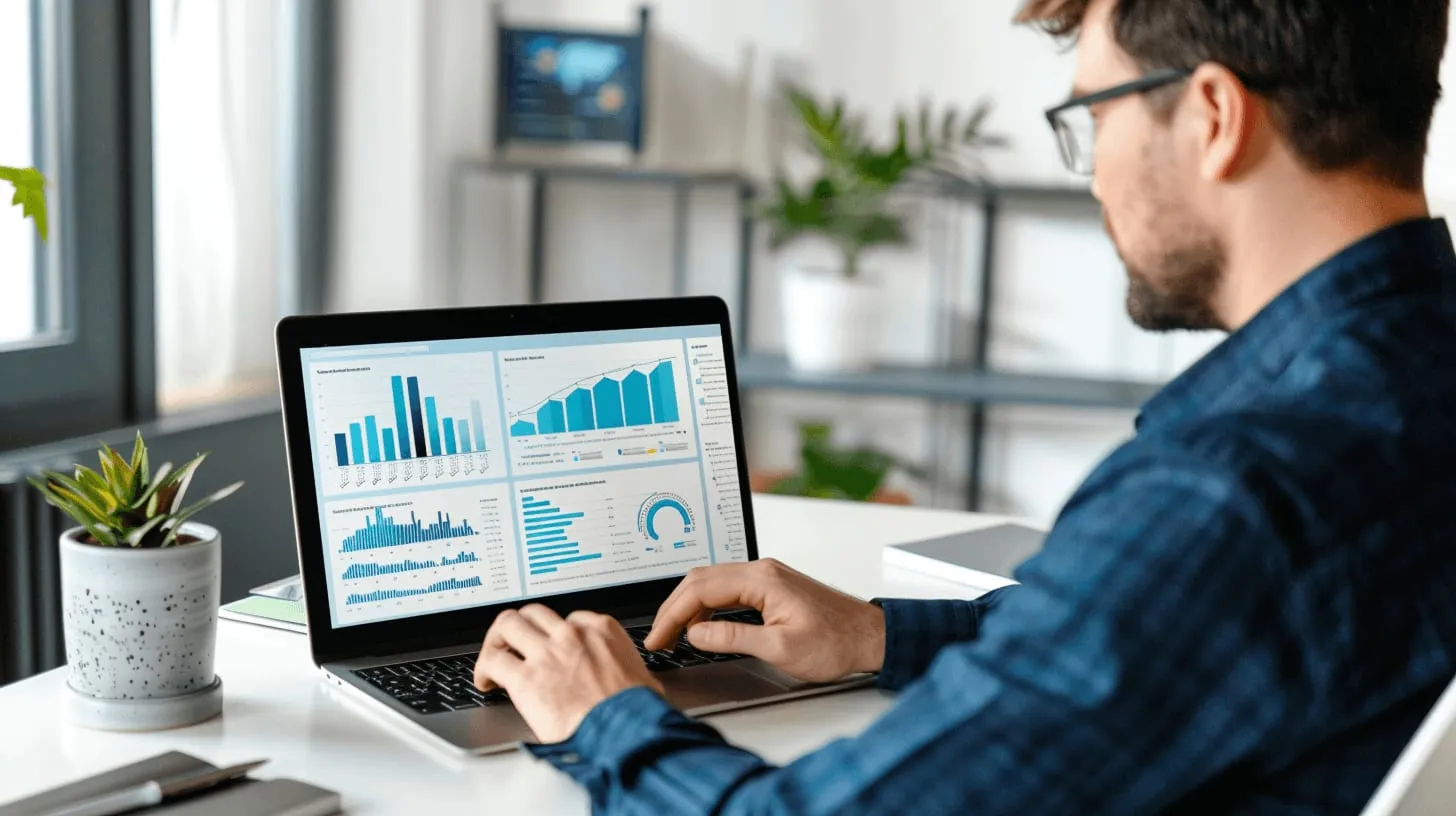 A man in glasses working at a laptop showing bar charts
