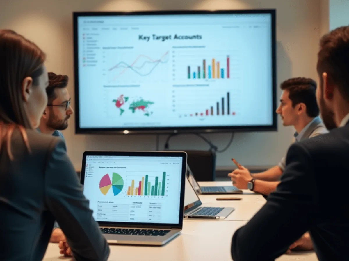 Colleagues in a meeting room watching a wall screen headed key target accounts, with a laptop of charts on the table