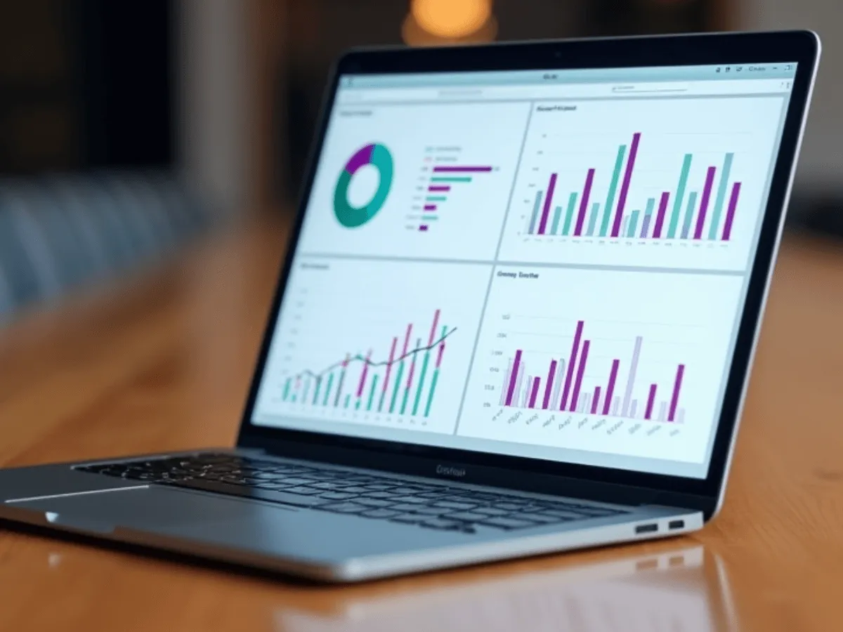 A laptop on a boardroom table showing a dashboard of bar and donut charts