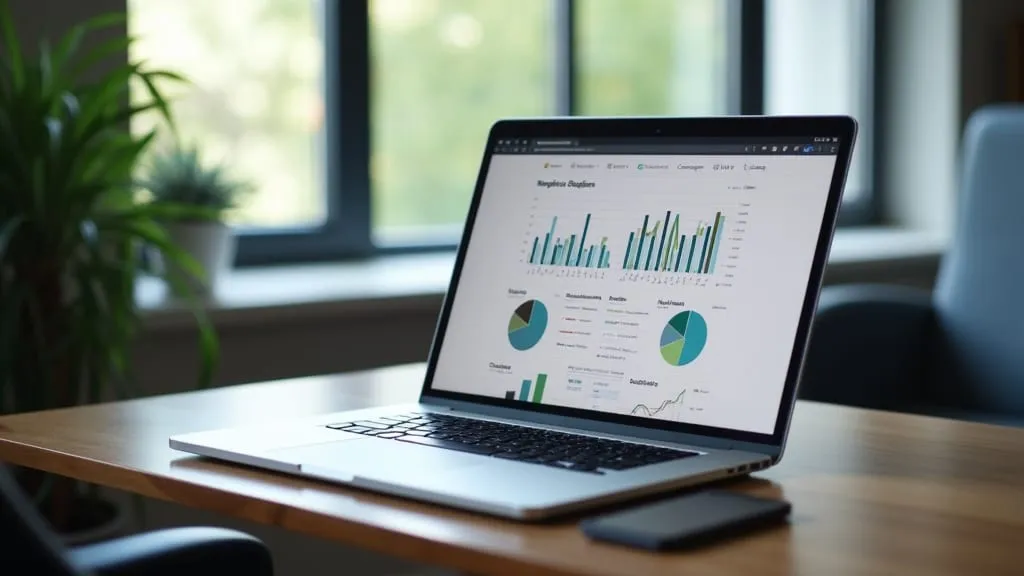 A laptop on a desk showing an analytics dashboard with bar, line and pie charts