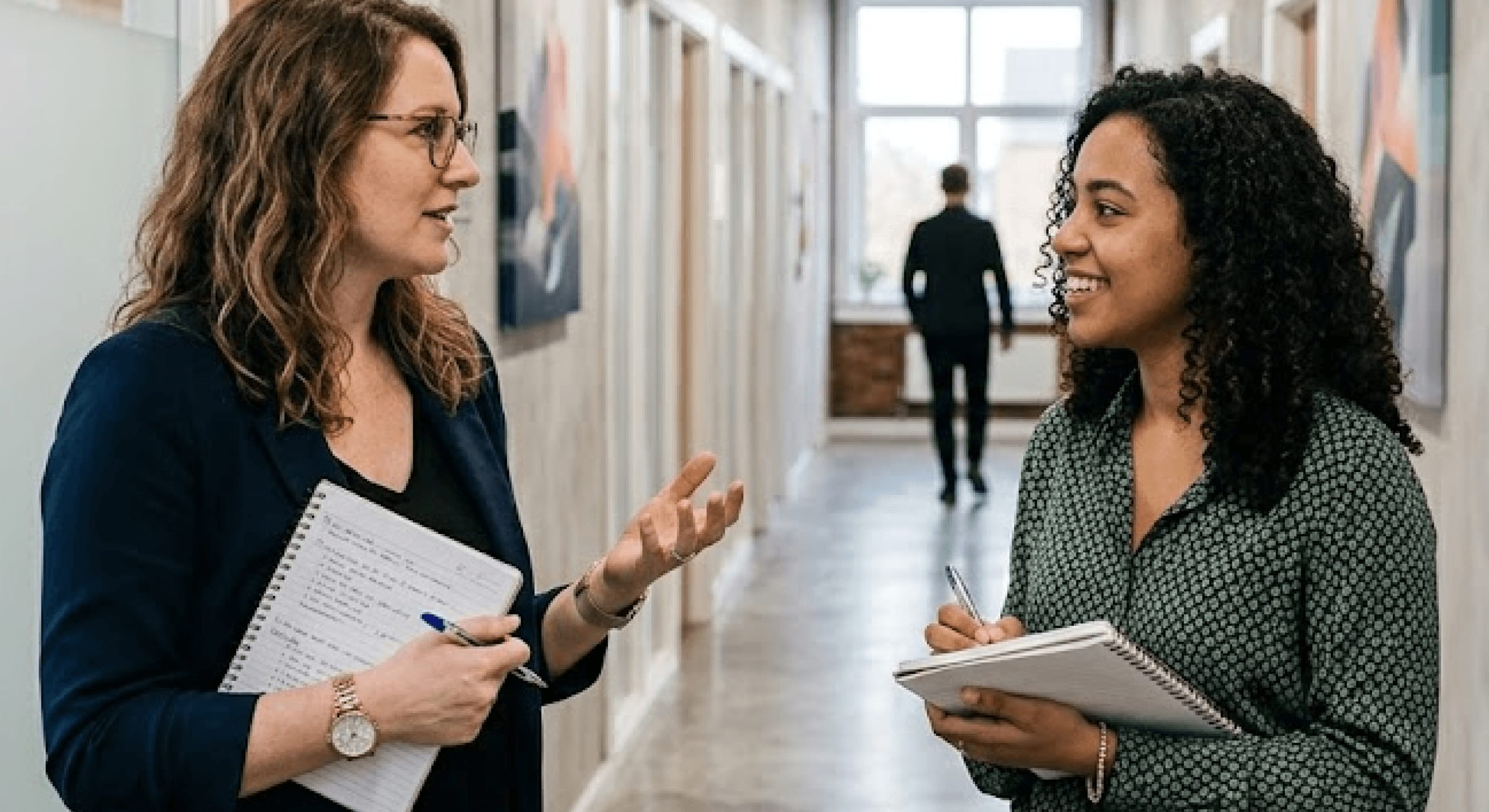 Two colleagues talking in an office corridor, one gesturing while the other takes notes