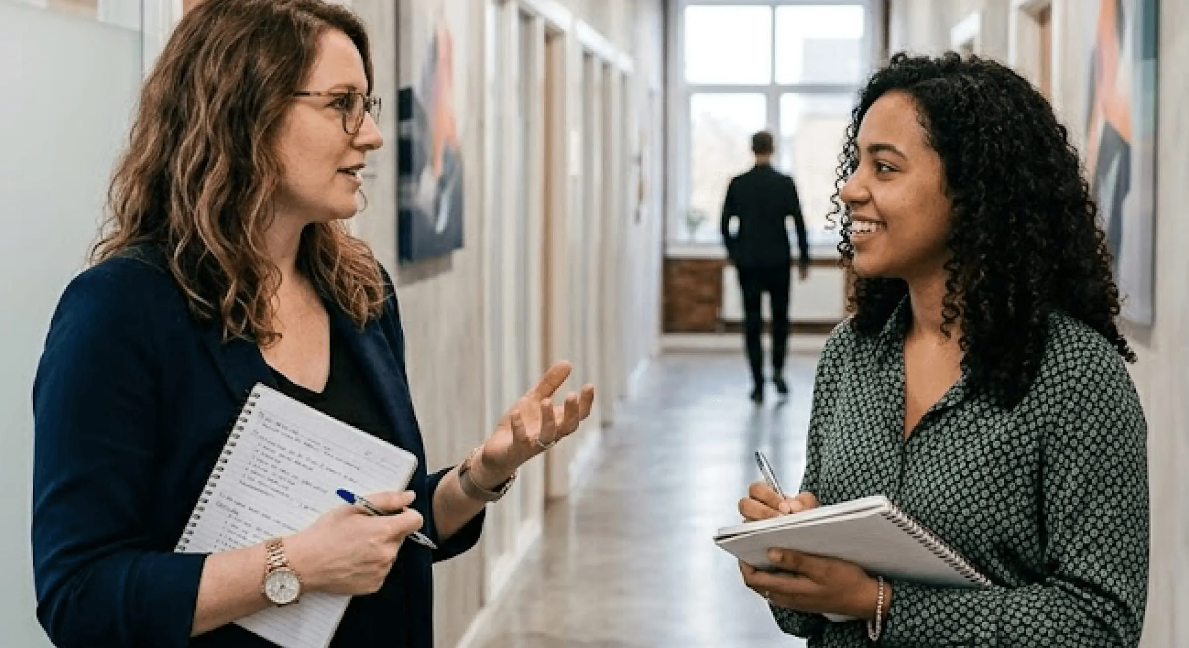 Two colleagues talking in an office corridor, one gesturing while the other takes notes