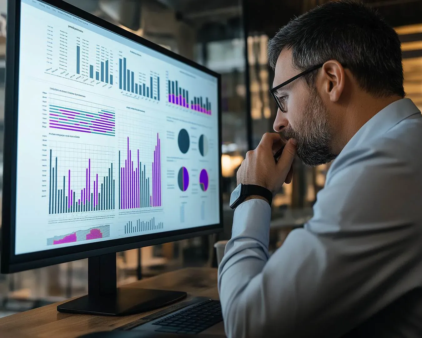 A man in glasses studying a monitor filled with bar and line charts