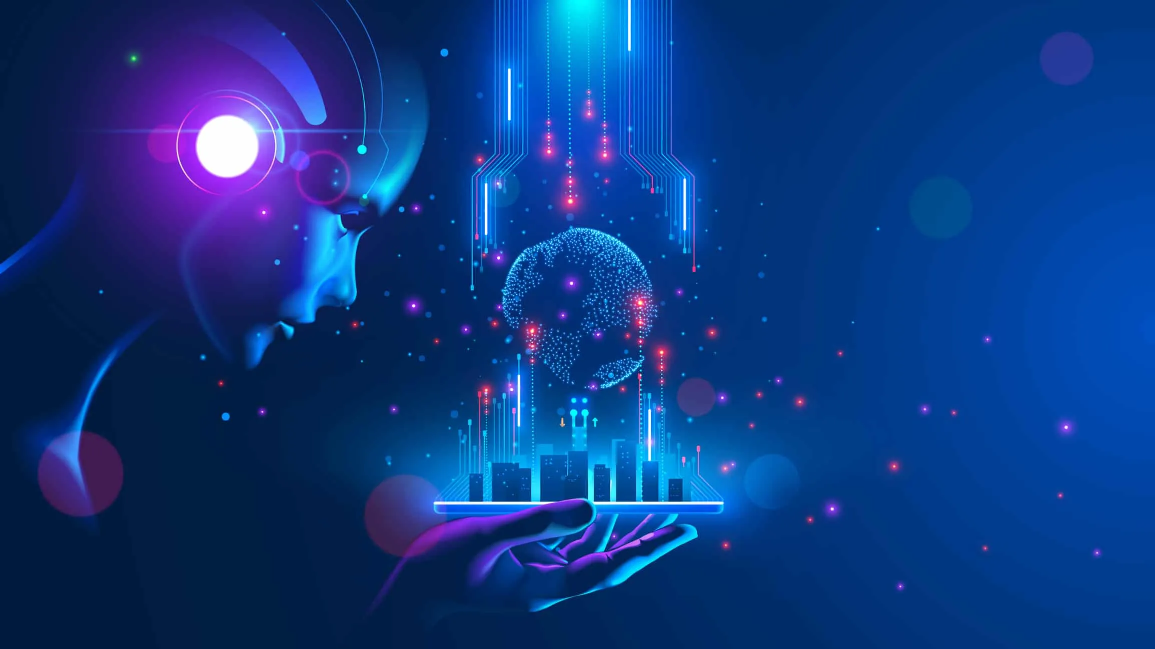 Abstract illustration of a face in profile beside glowing data streams and a sphere
