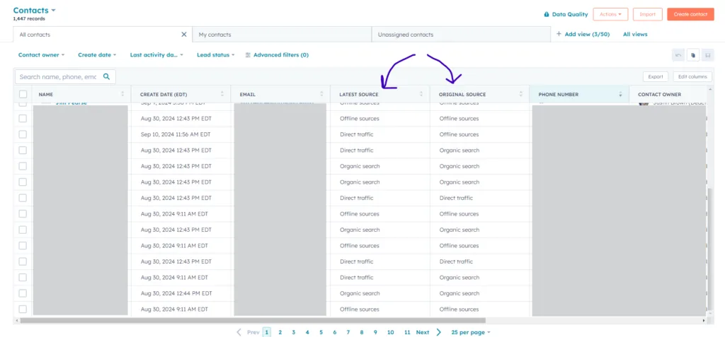 A CRM contact list showing latest source and original source columns for each record