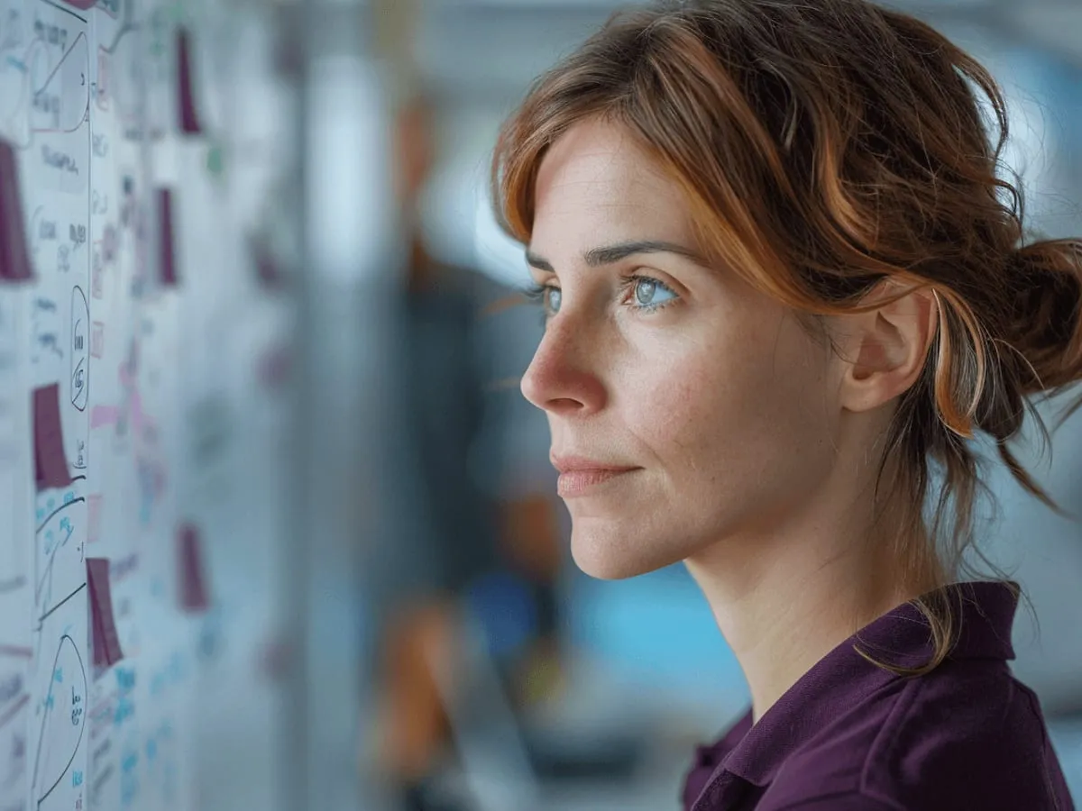 A woman studying a wall of pinned notes and diagrams