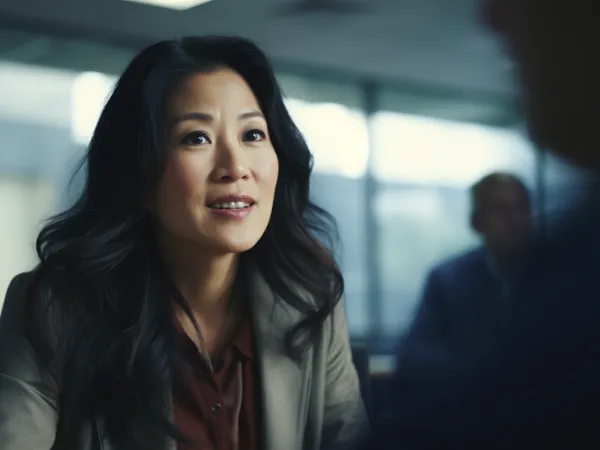 A woman in an office looking off camera mid conversation