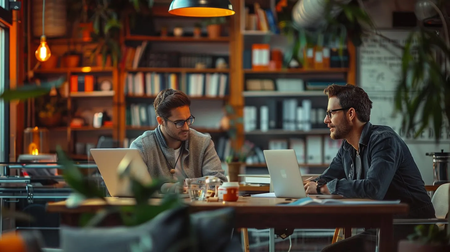 Two men working at laptops across a table in a library style office