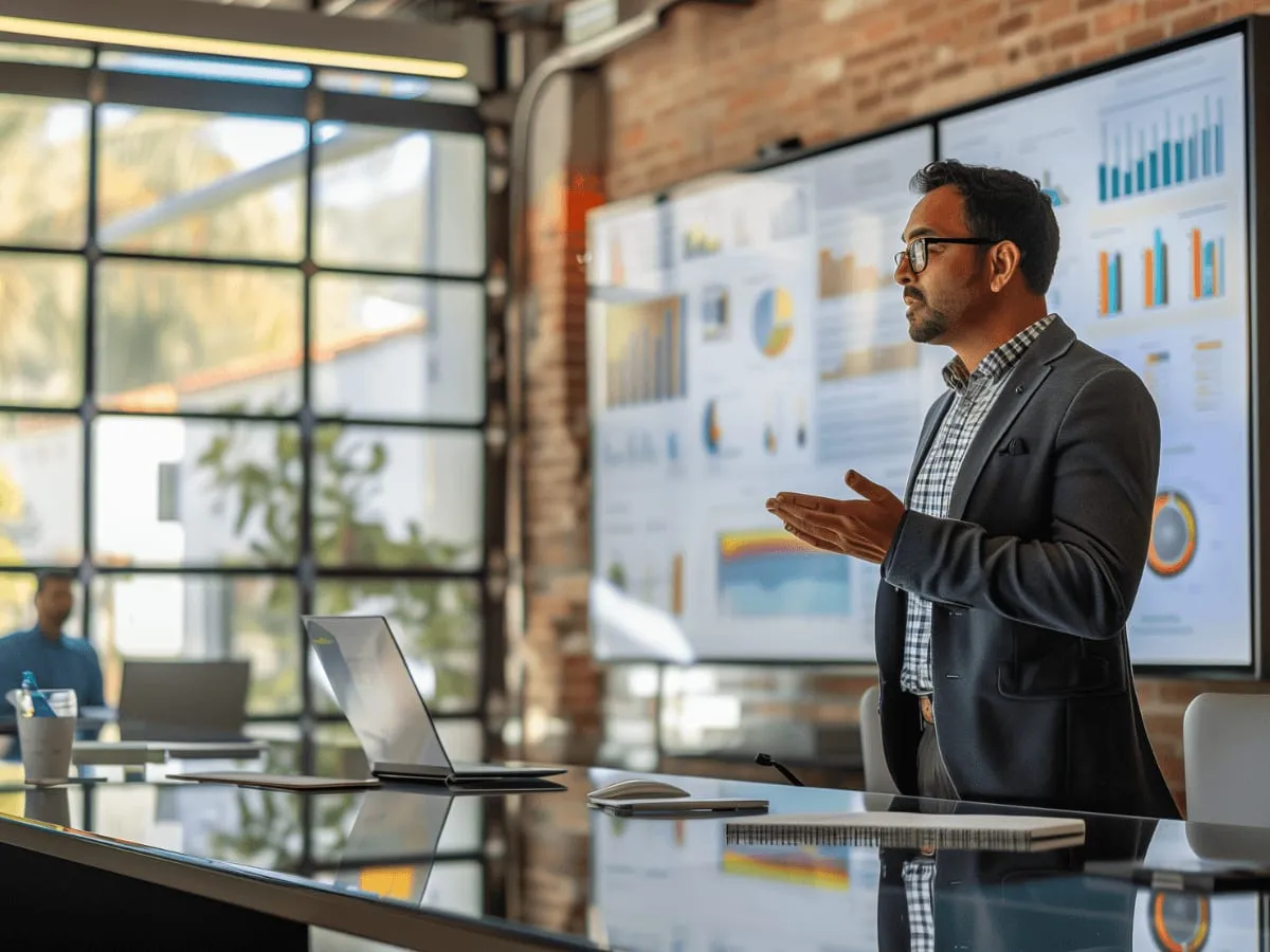 A man presenting to colleagues in front of a wall screen full of charts