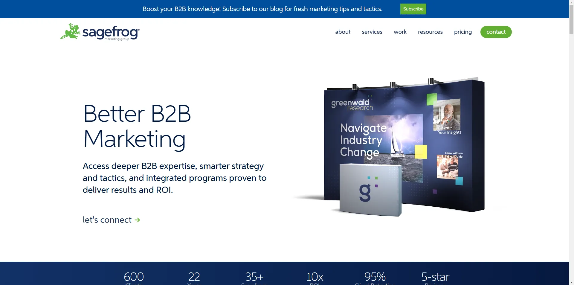 The Sagefrog homepage headed better B2B marketing, with a trade show display and a row of statistics
