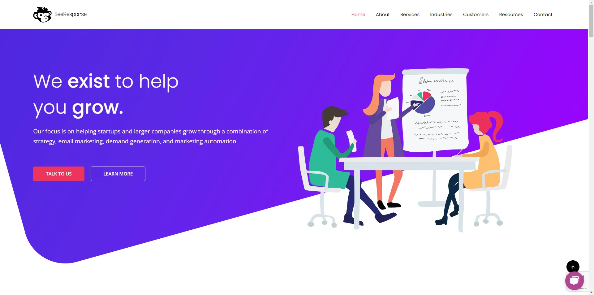 The SeeResponse homepage headed we exist to help you grow, with an illustration of a team at a whiteboard