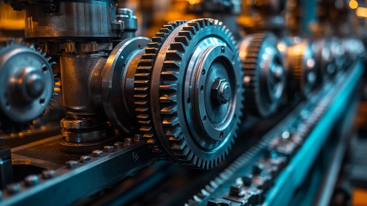 Close view of large industrial gears on a machine