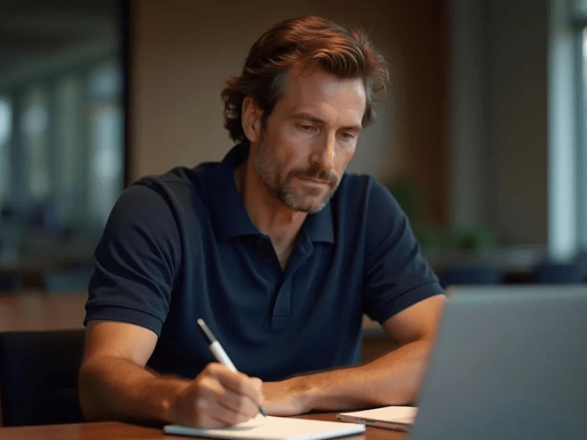 A man making notes at a desk beside a laptop