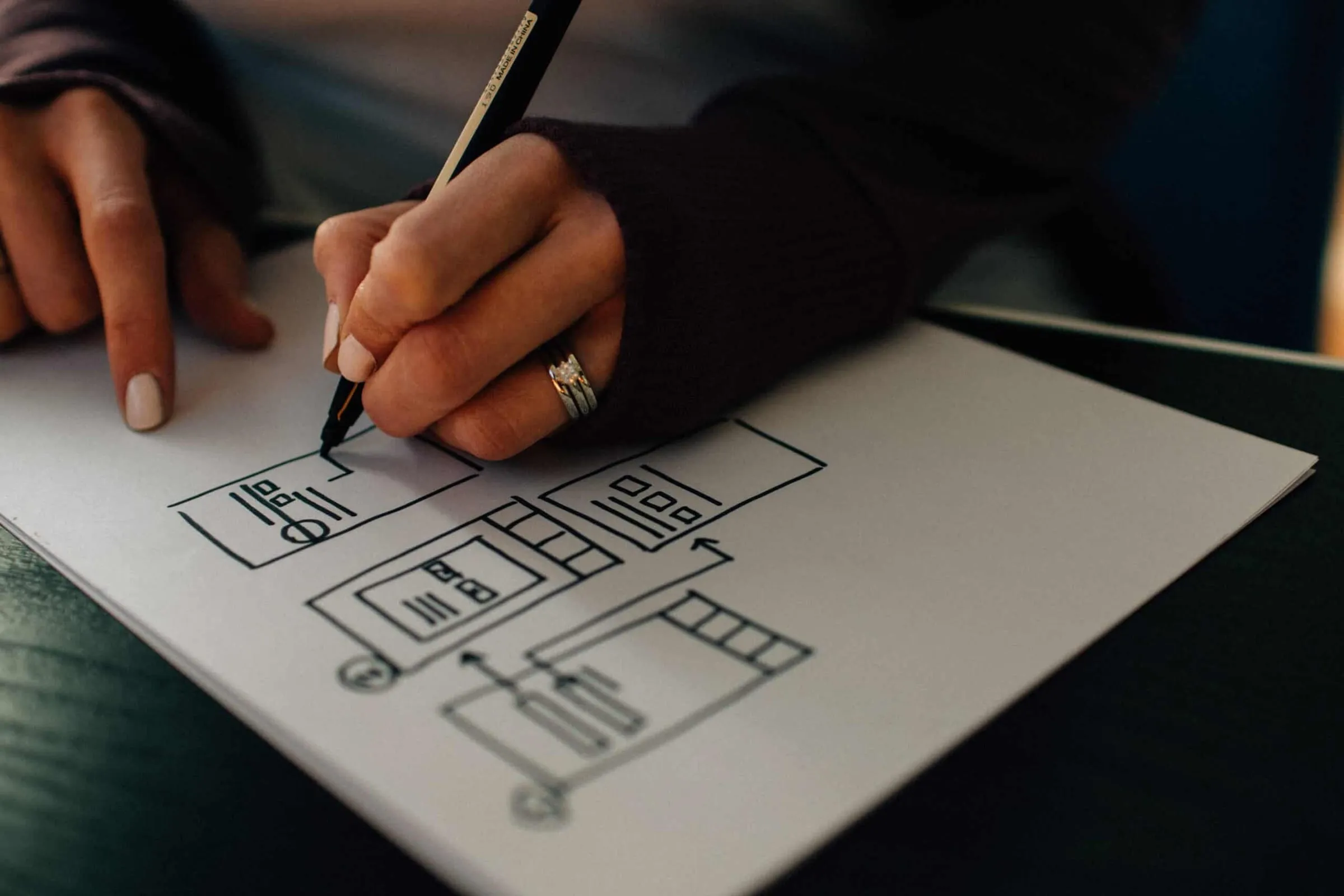 A hand sketching a page layout in pen on white paper