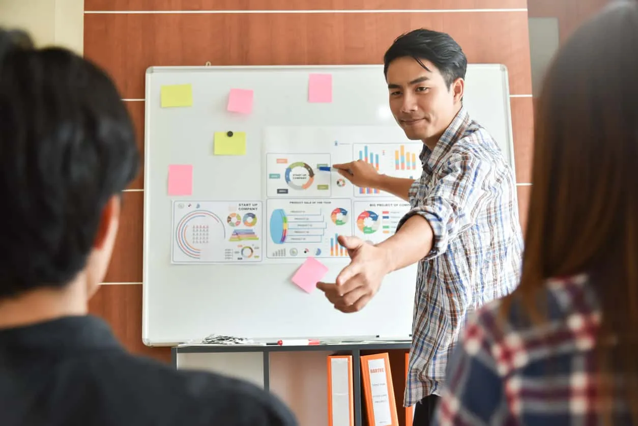 A man presenting charts on a whiteboard to two colleagues