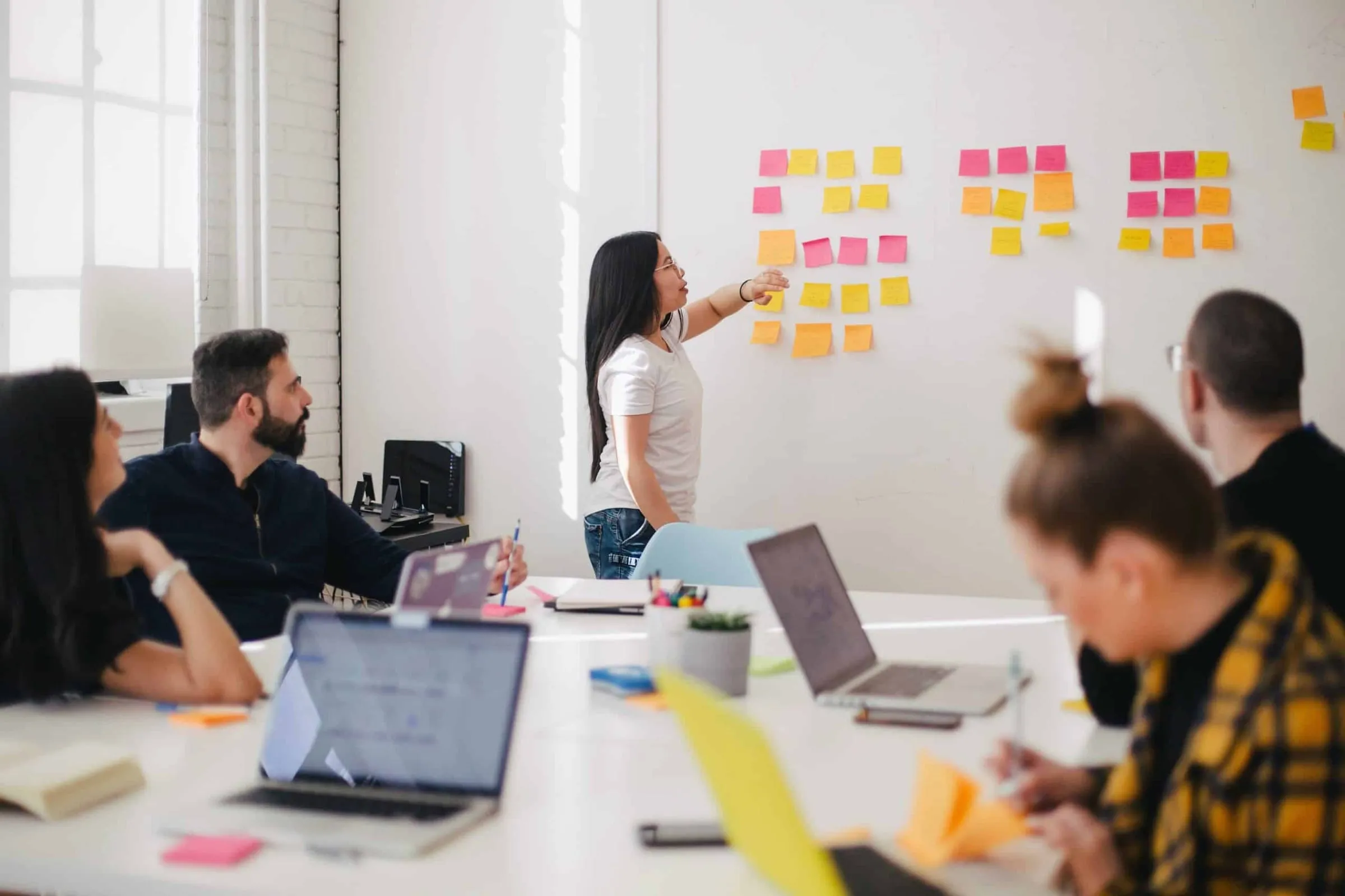 A woman presenting at a wall of sticky notes to colleagues seated around a table