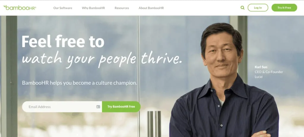The BambooHR homepage, headed feel free to watch your people thrive, with an email sign-up field