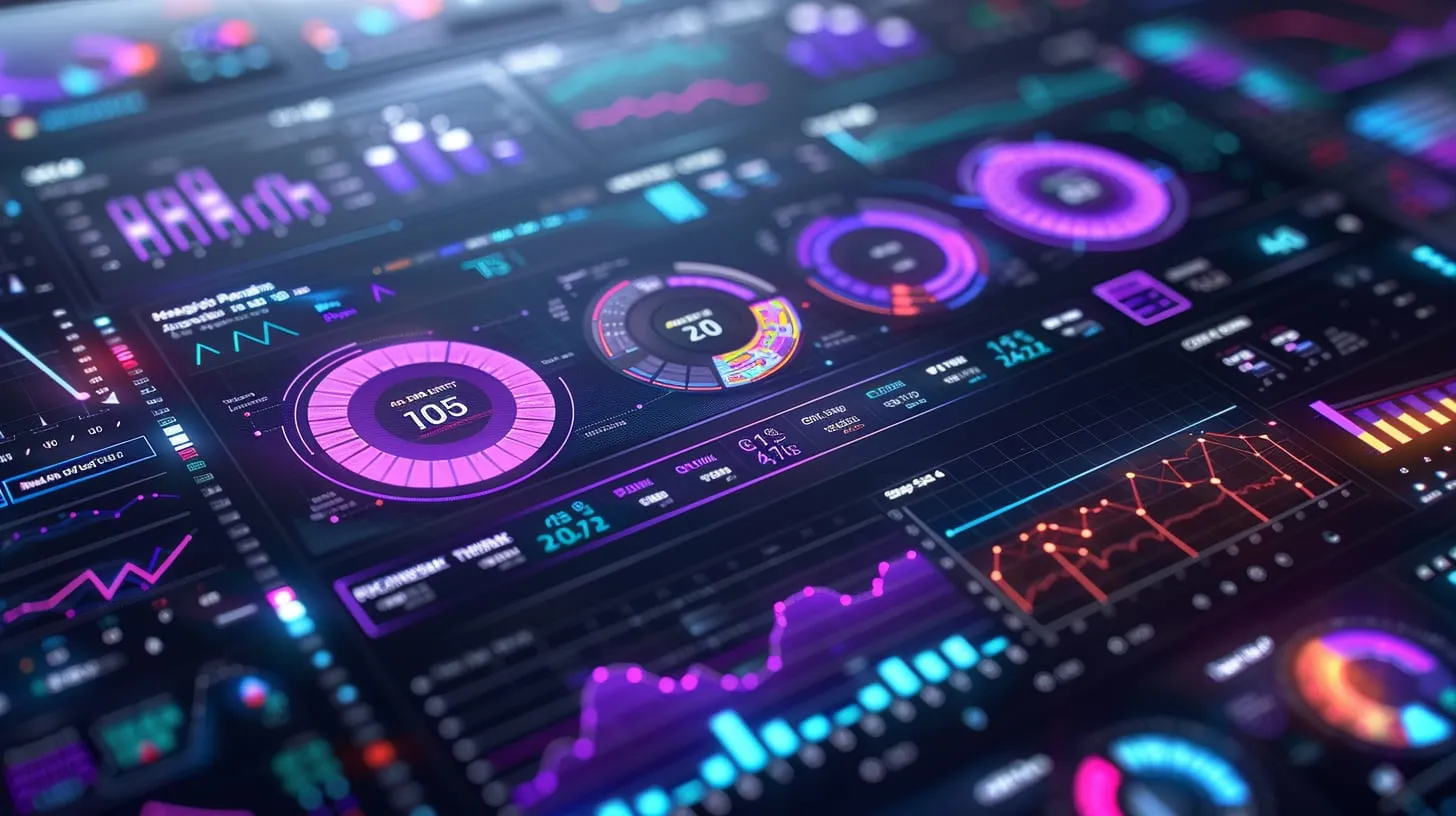 A dense dashboard of glowing purple and pink dials, charts and readouts
