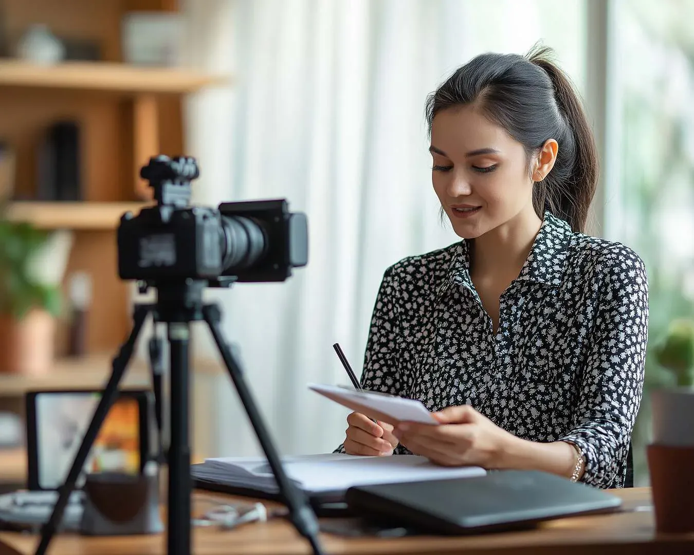 A woman making notes at a desk in front of a camera on a tripod