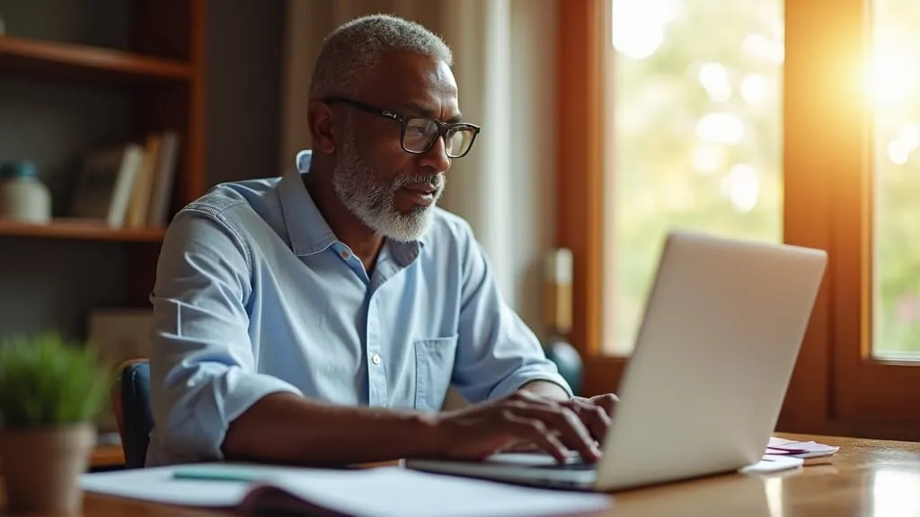 A man in glasses working at a laptop by a sunlit window