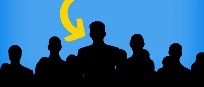 Illustration of a yellow arrow pointing down at one silhouetted figure in an audience