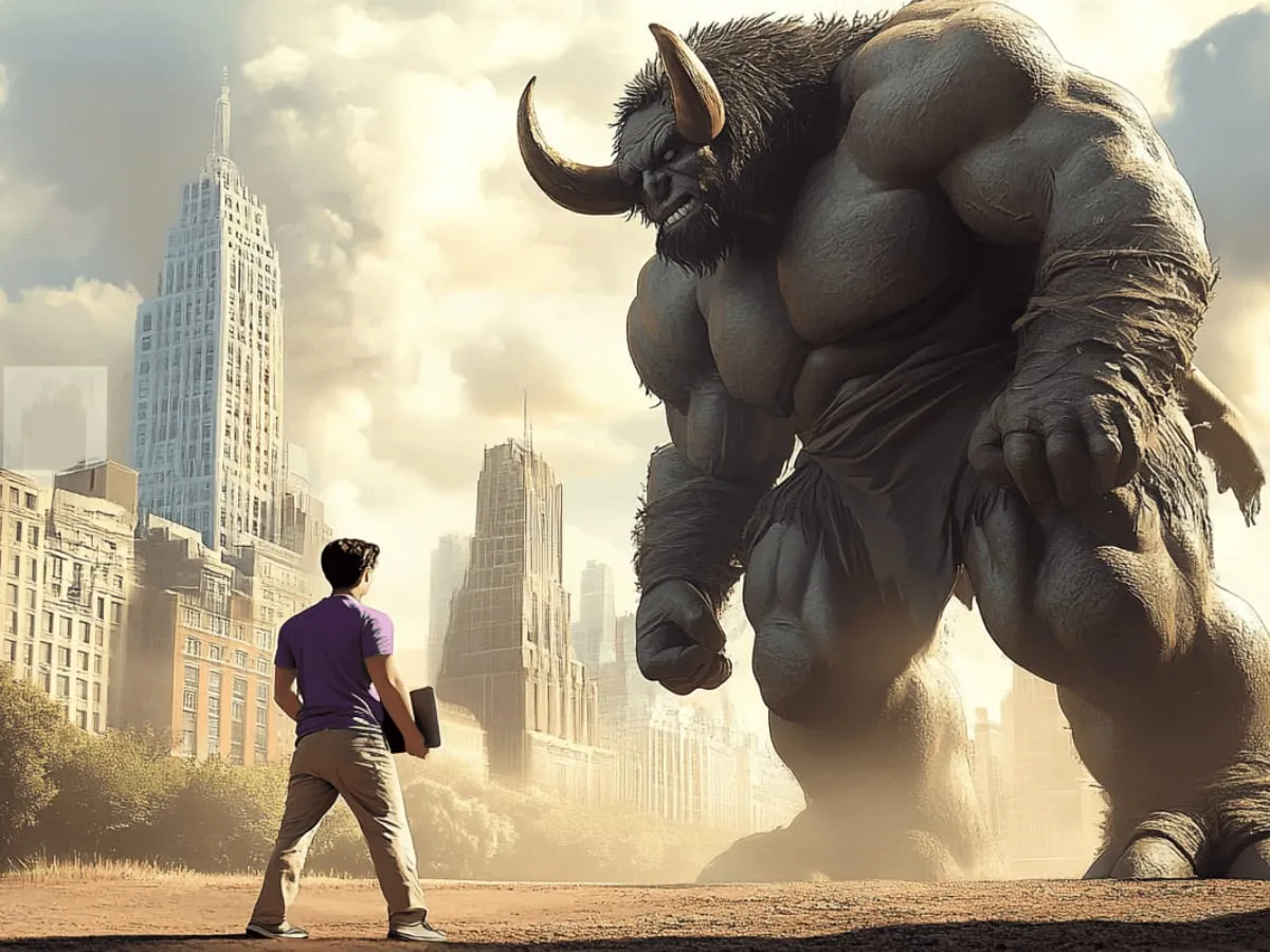 A man carrying a folder walks towards a giant stone monster looming over a city