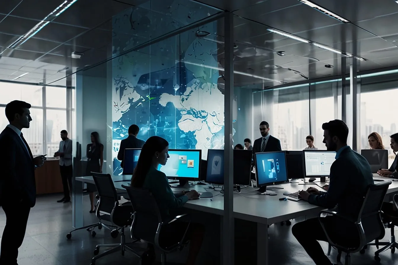 An office of people at desks in front of large screens showing a world map and dashboards