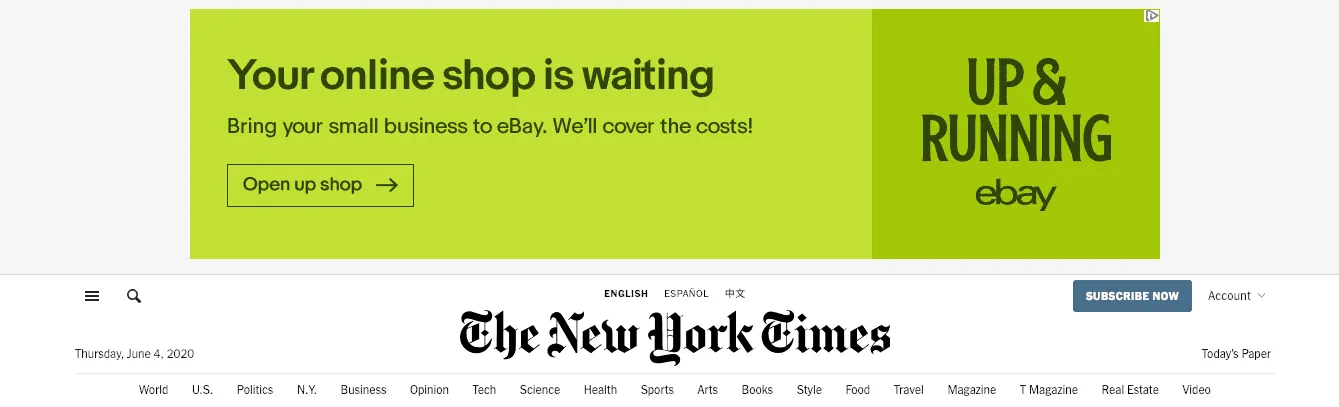 An eBay banner ad reading your online shop is waiting, running across the top of the New York Times site