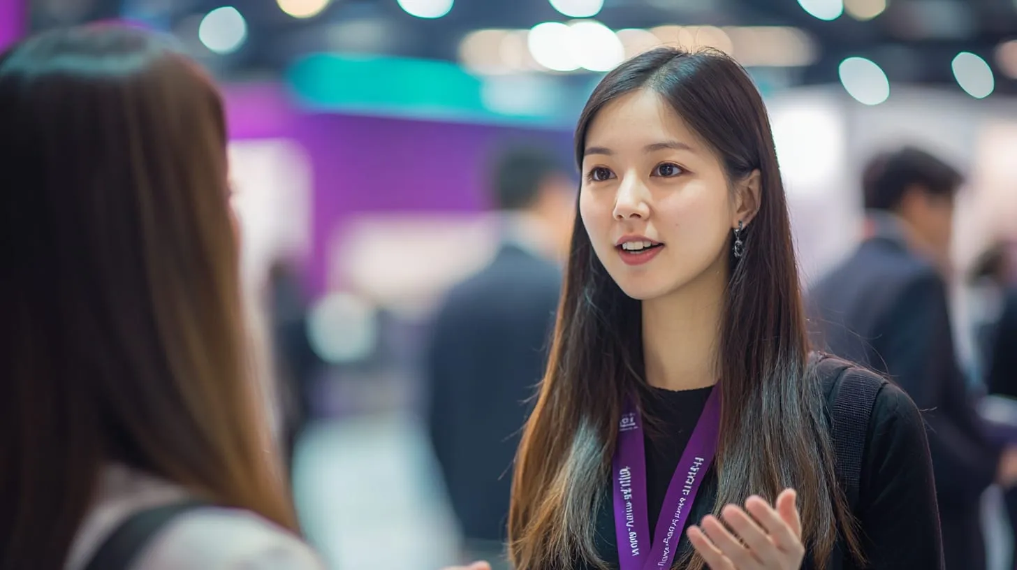 A woman in conversation at a busy trade show stand