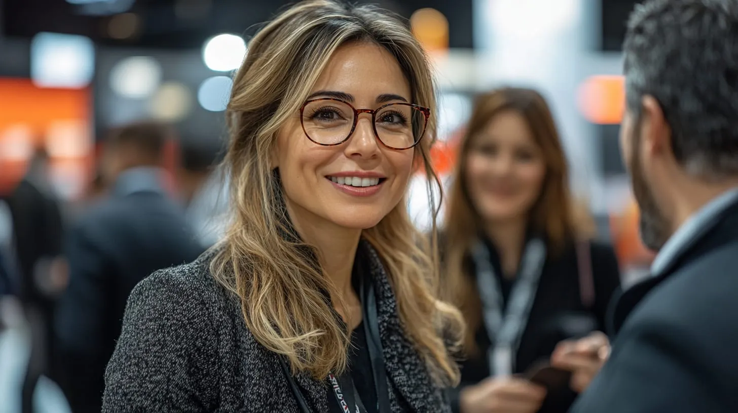 A woman in glasses talking with colleagues at a conference
