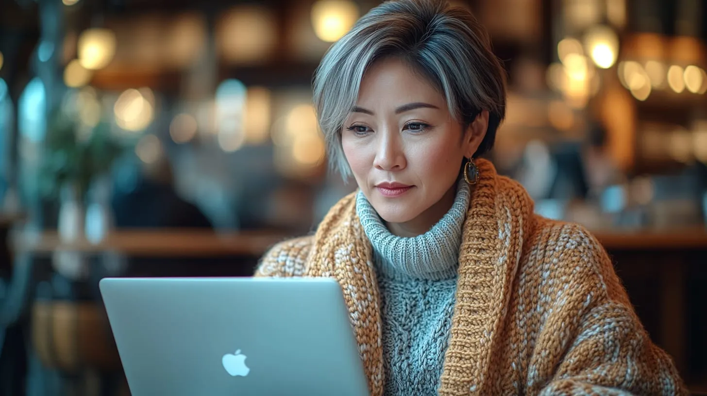 A woman working at a laptop in a cafe