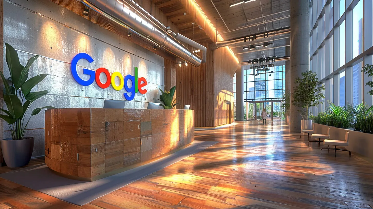 A Google office reception with the logo on the wall