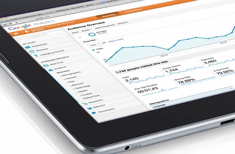A tablet showing the Google Analytics audience overview report