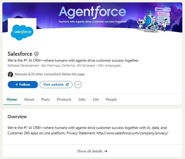 The Salesforce company page on LinkedIn, with an Agentforce banner and the overview section
