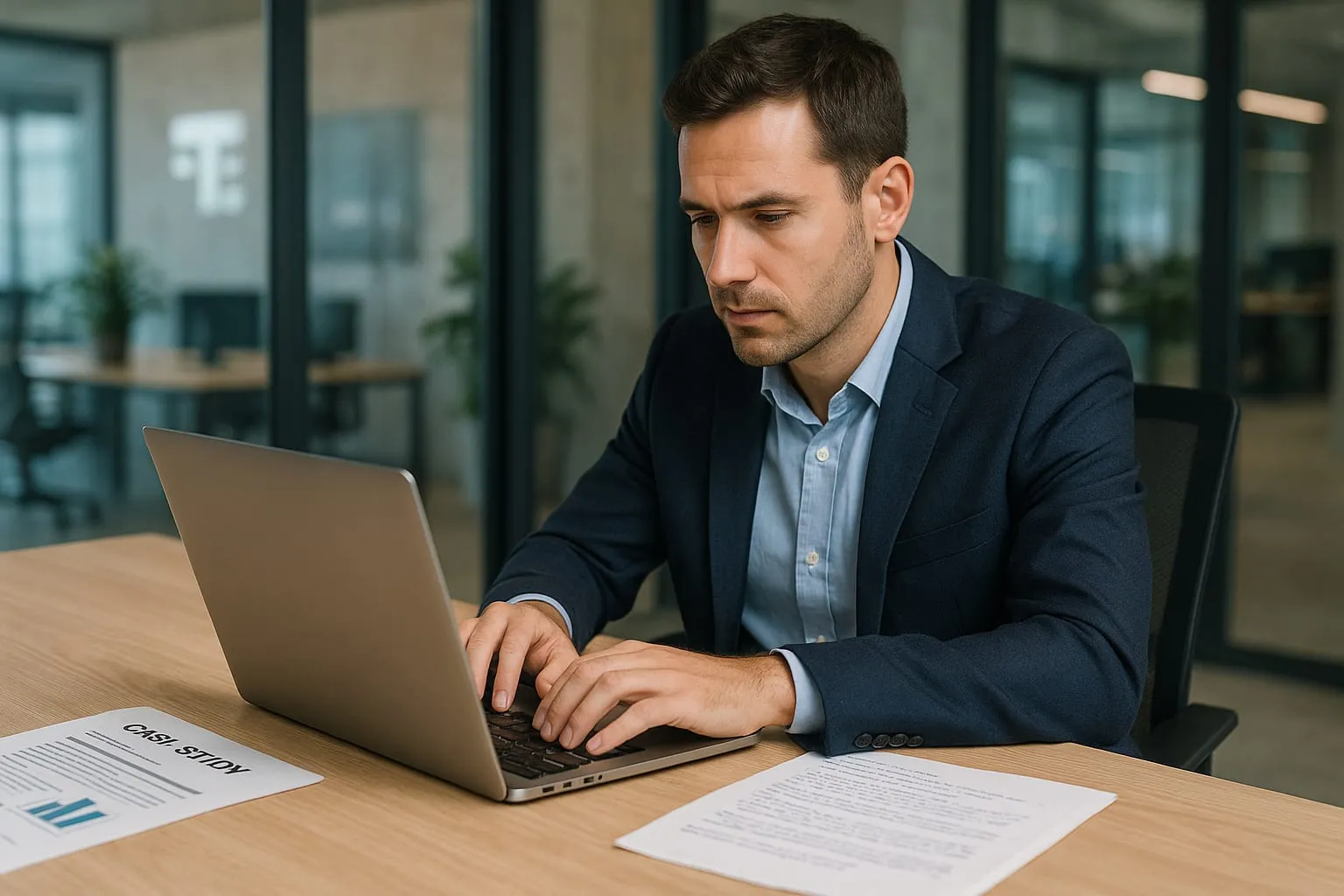 A man in a suit working at a laptop with printed documents beside him