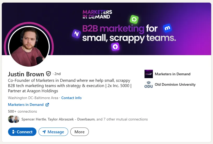 Justin Brown's LinkedIn profile, co-founder of Marketers in Demand, with a banner reading B2B marketing for small, scrappy teams