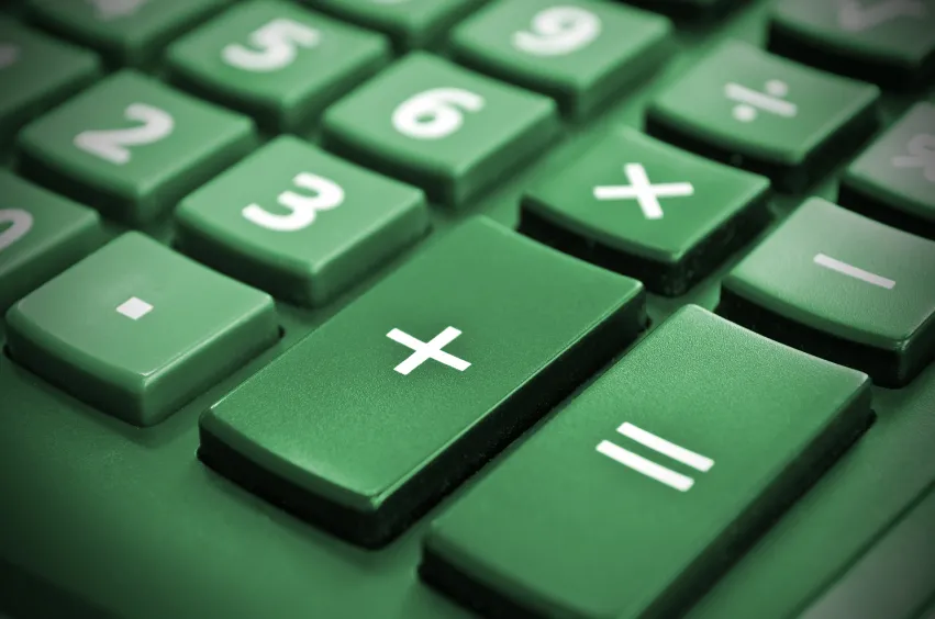 Close view of the number keys on a green calculator