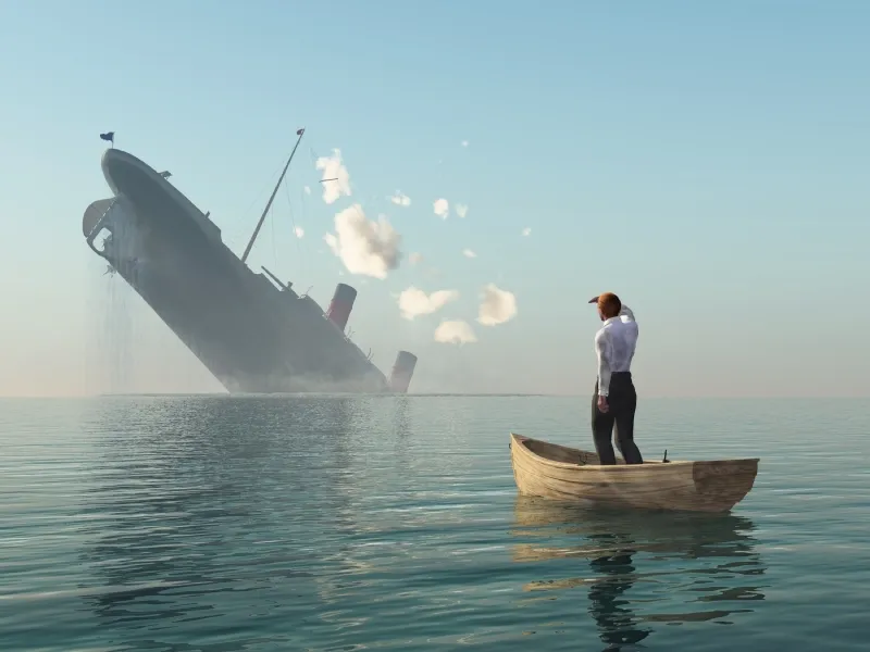 A man stands in a small rowing boat watching a large ship sink in the distance