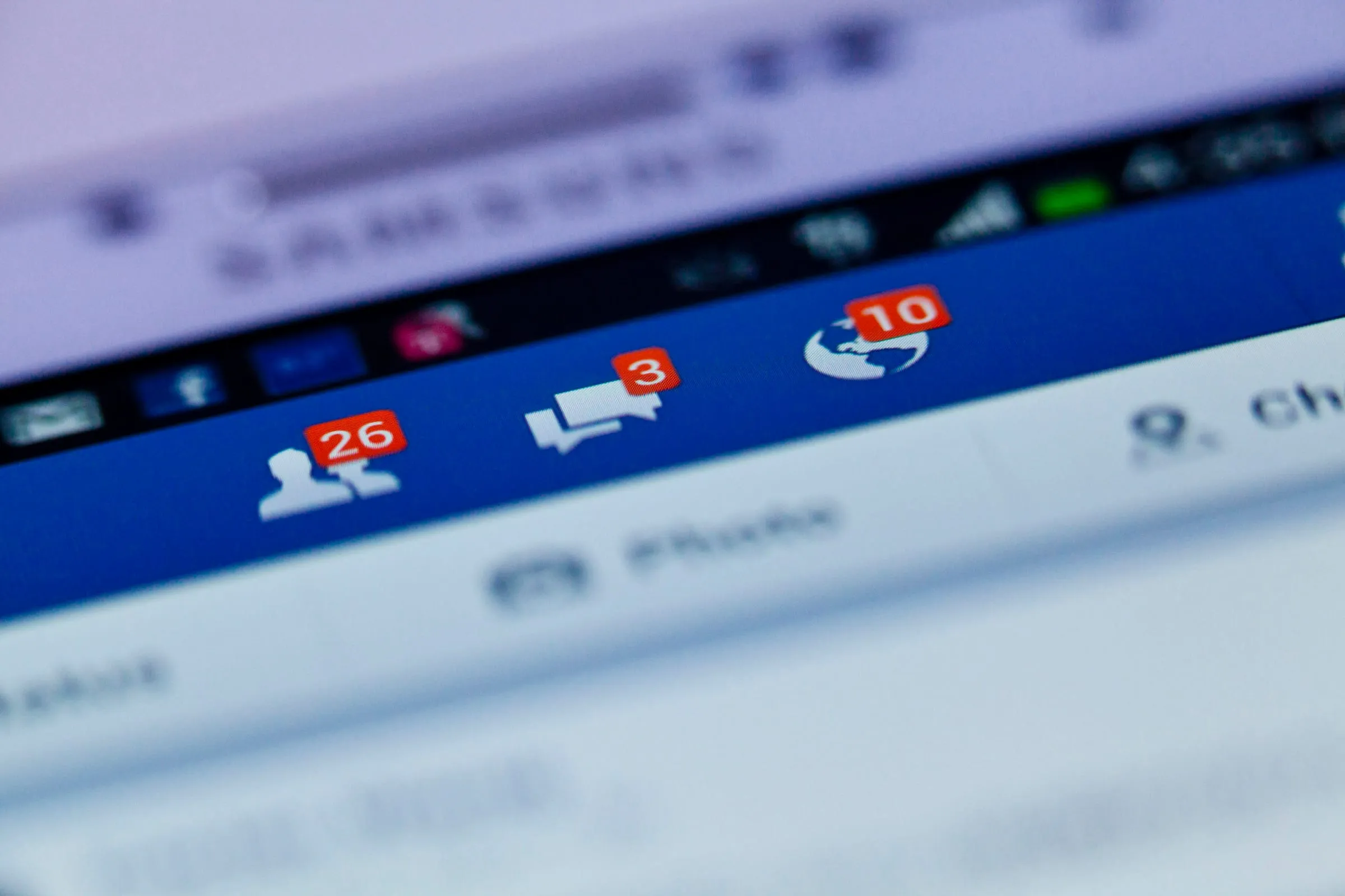 Close view of a social media notification bar showing unread counts of 26, 3 and 10