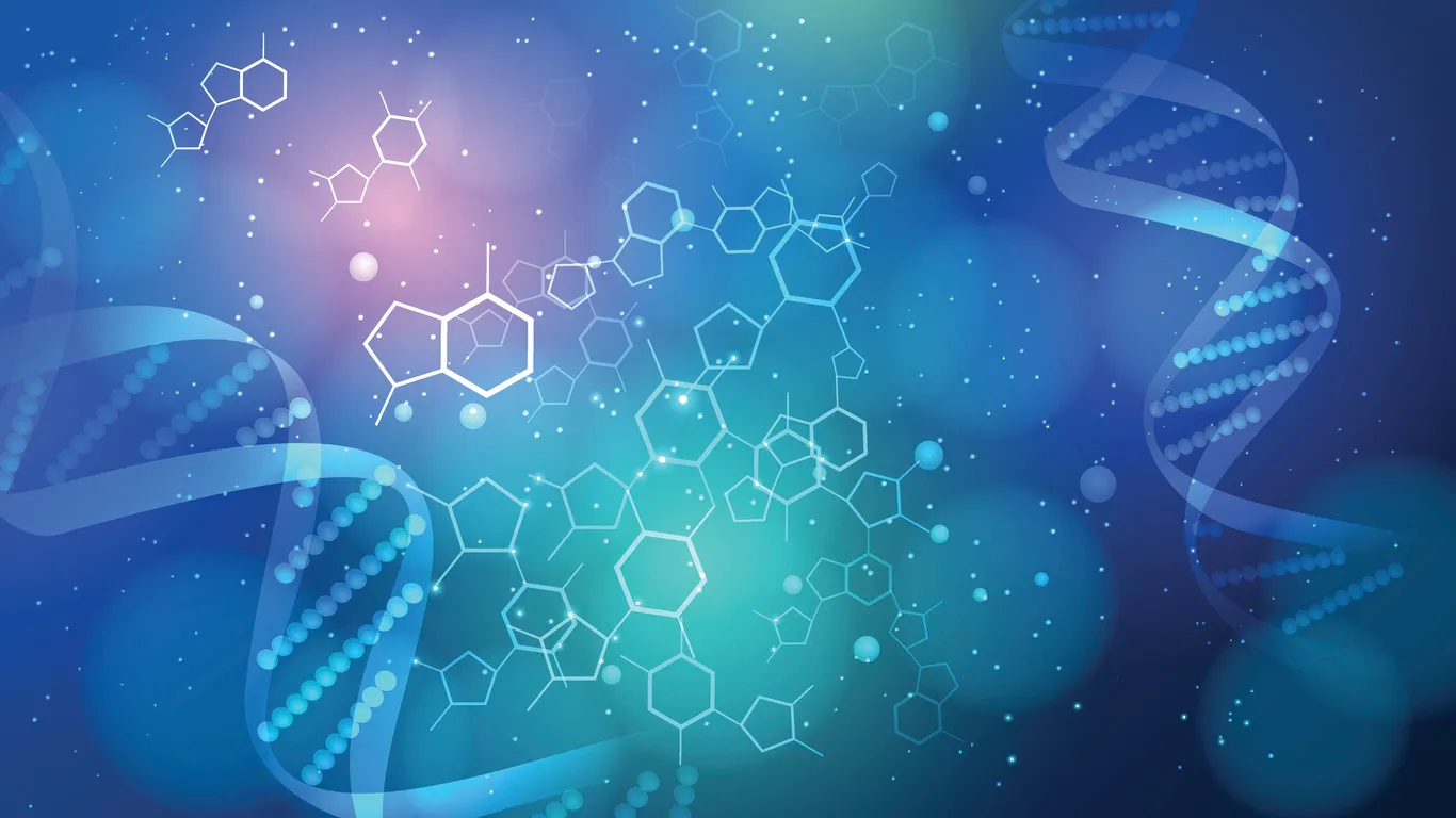 Abstract illustration of DNA strands and molecular structures on a blue background