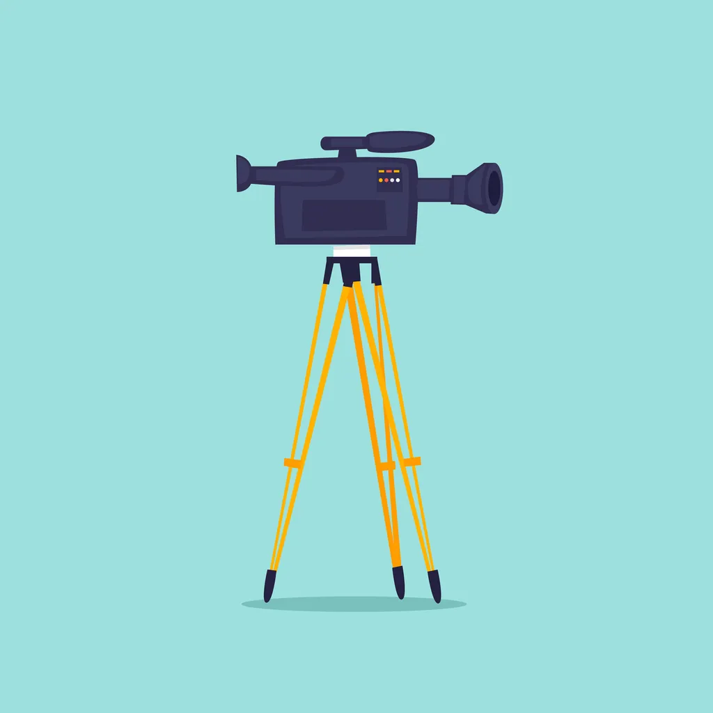 Illustration of a film camera on a yellow tripod against a mint background