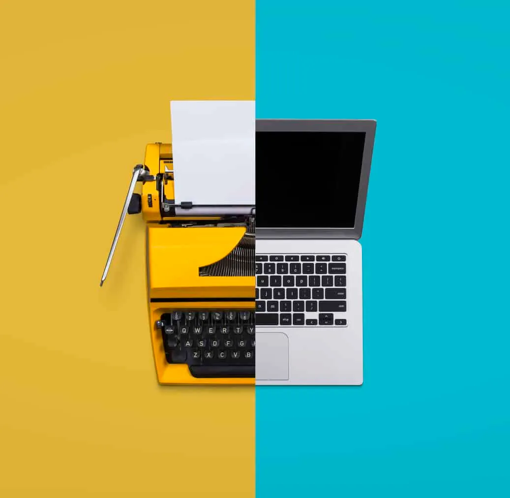 A yellow typewriter and a laptop side by side against split yellow and blue backgrounds