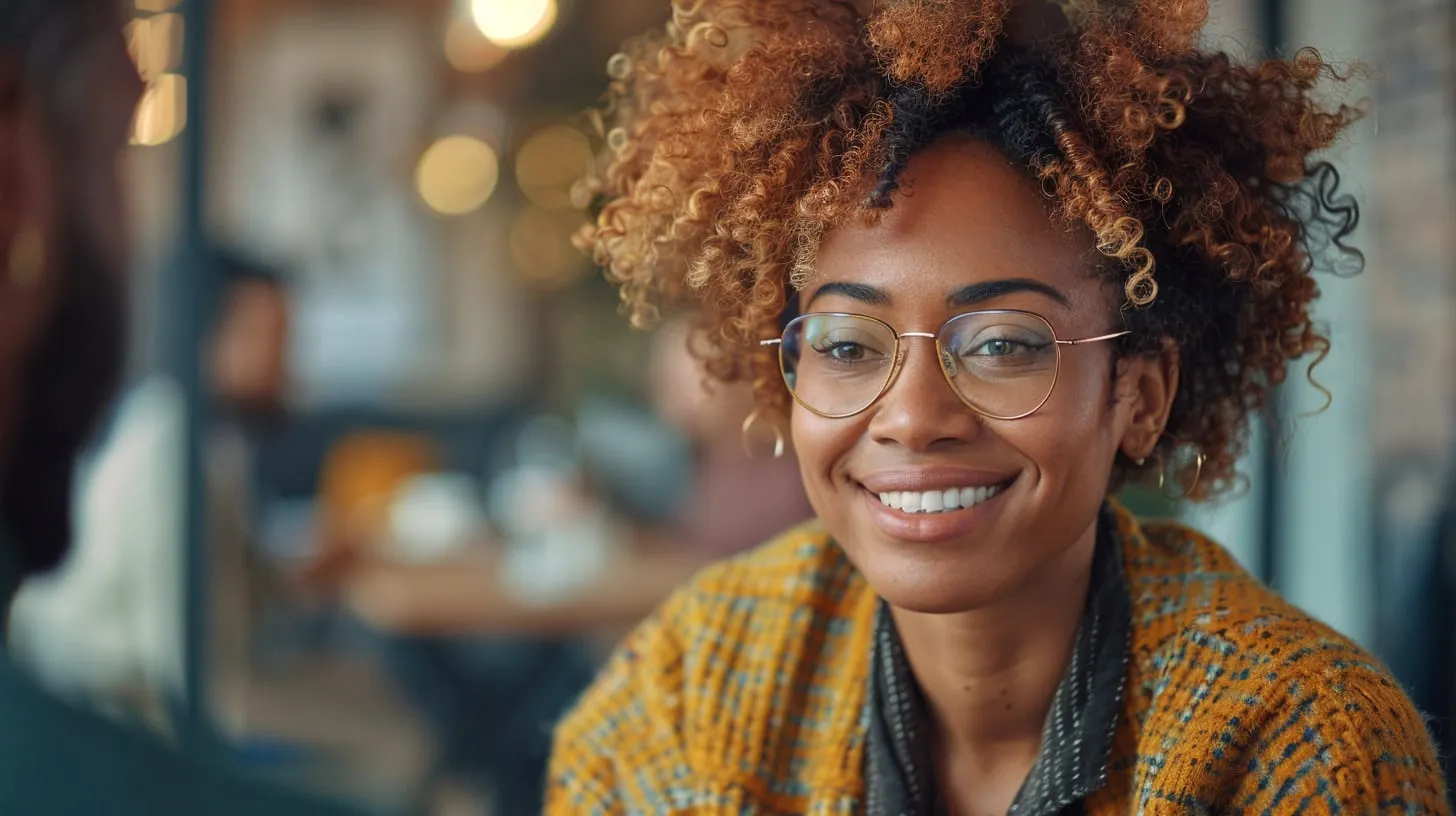 A woman in glasses smiling in a cafe