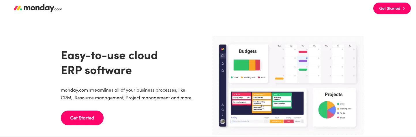 The monday.com landing page for cloud ERP software, with a get started button and a product screenshot
