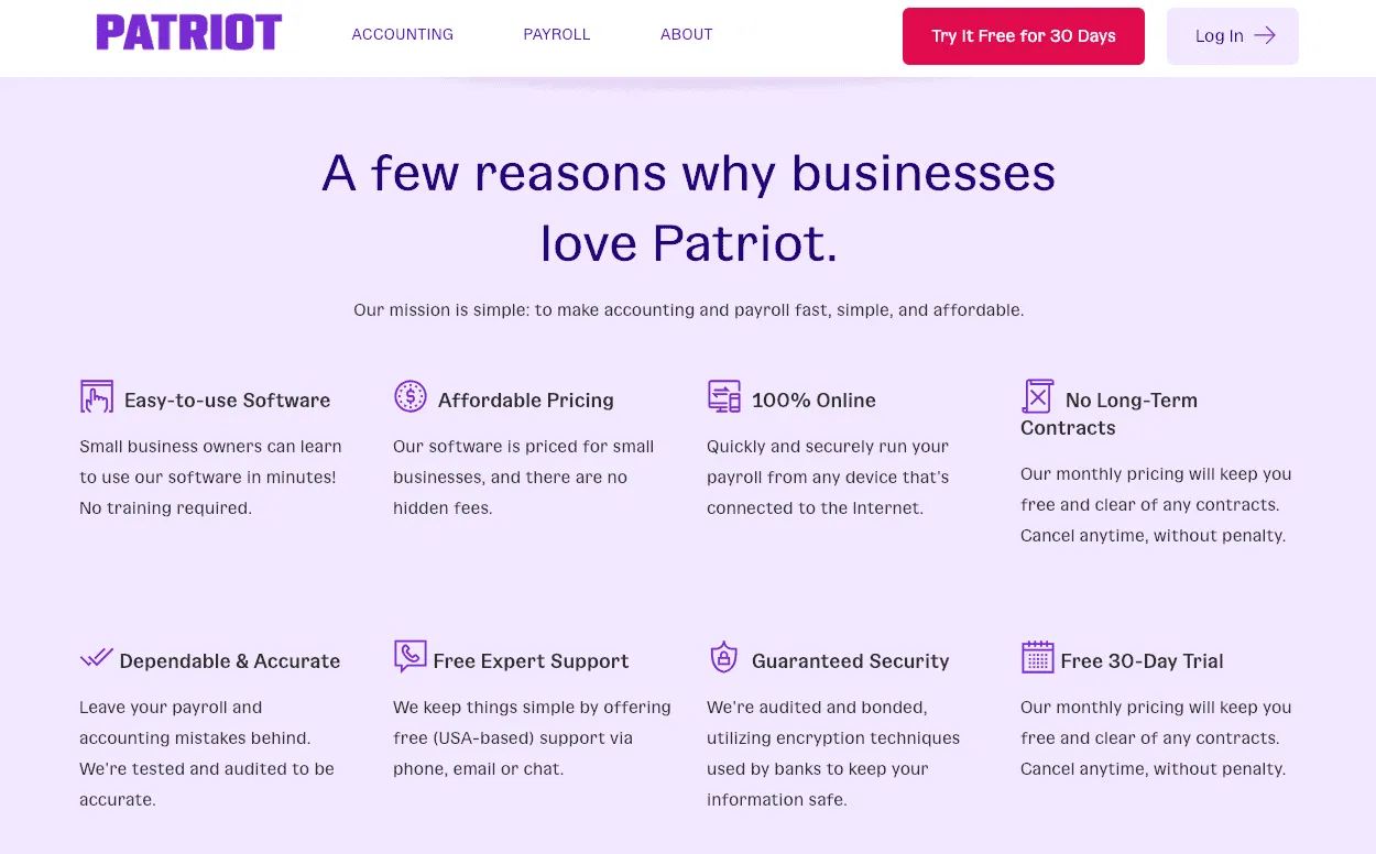 A Patriot landing page section headed a few reasons why businesses love Patriot, listing eight benefits with icons