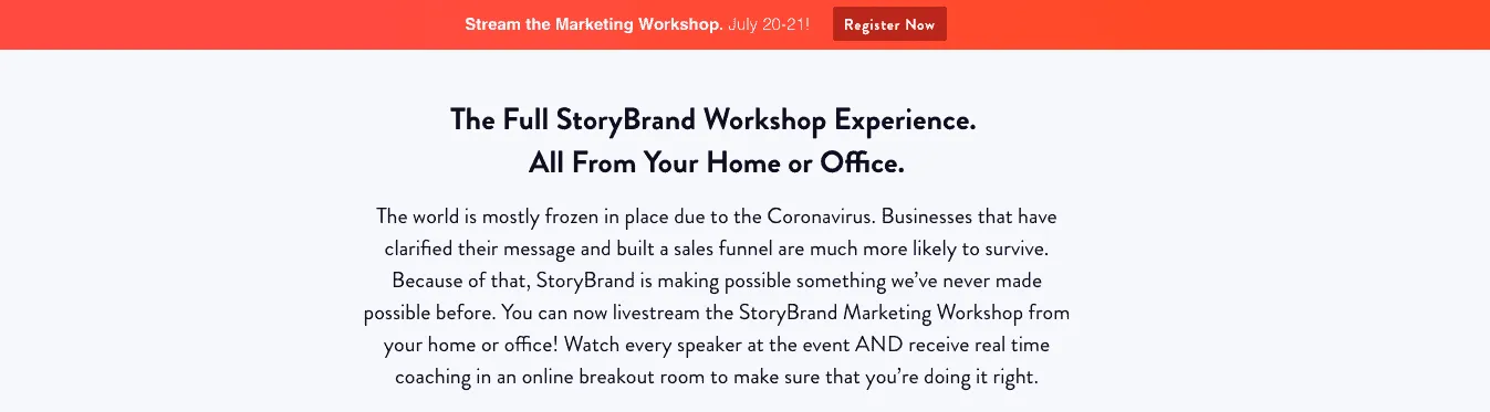 A StoryBrand landing page for a livestreamed marketing workshop run from home or office