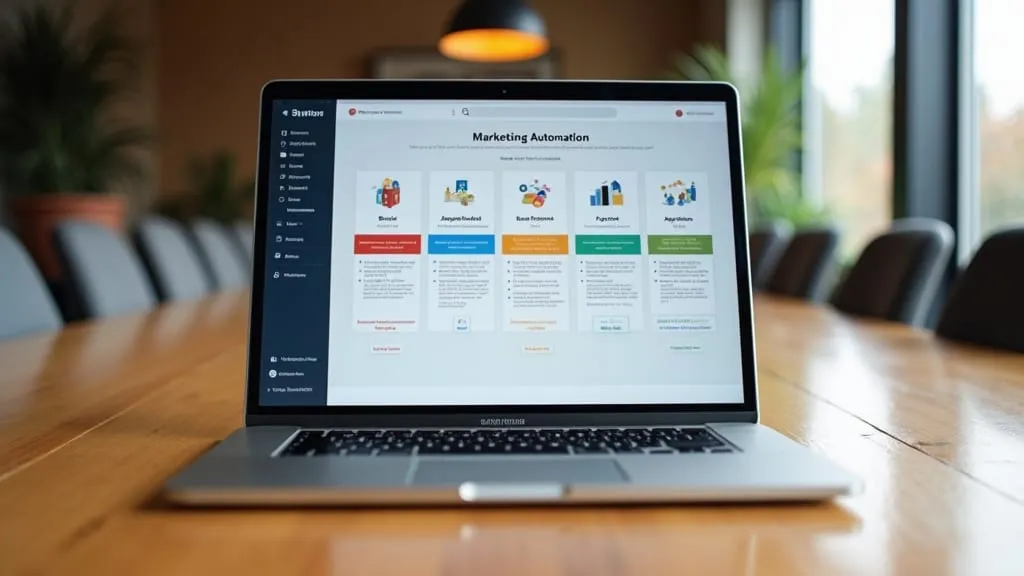 A laptop on a boardroom table showing a marketing automation tool