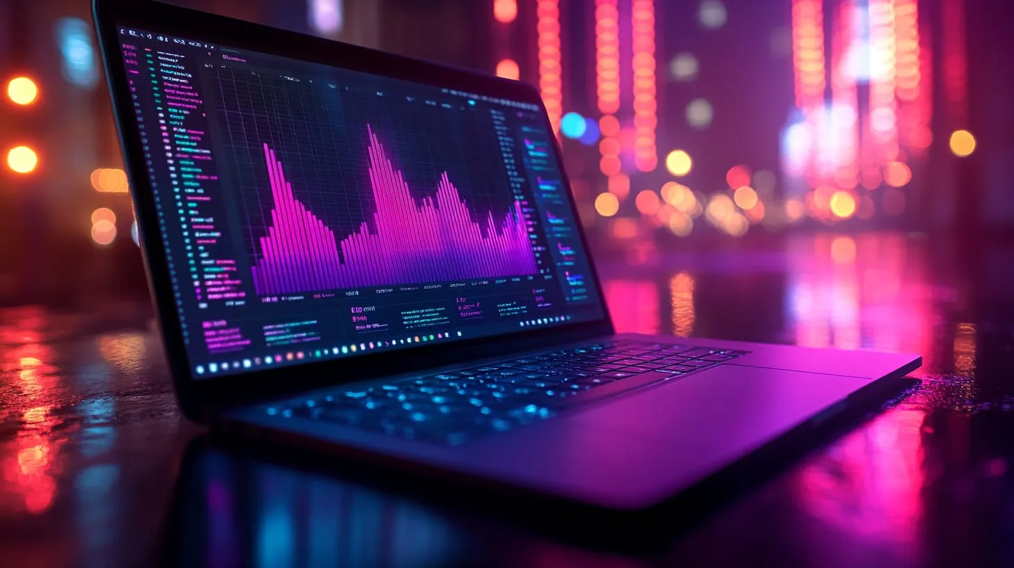 A laptop showing a purple bar chart, lit by neon light