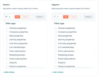 A lead scoring setup screen with positive and negative criteria and a list of filter types